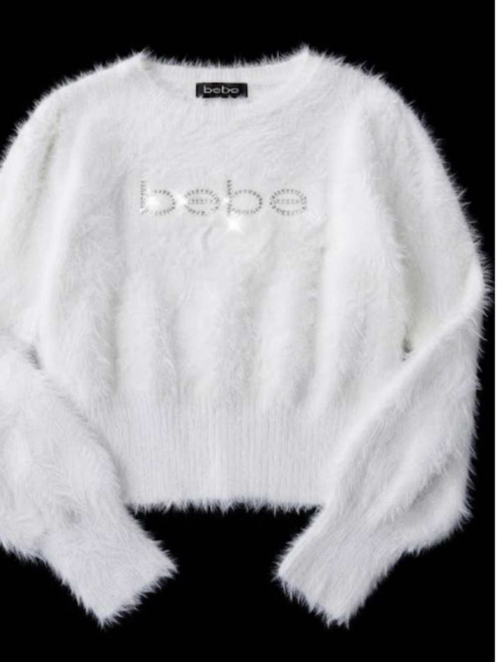Bebe Vtg Sz M White Fuzzy Eyelash Knit Sweater Rhinestone Logo